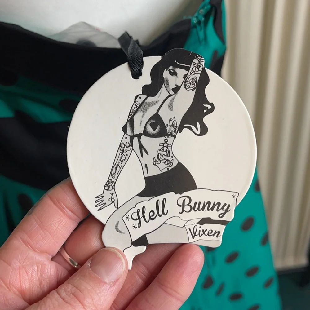 πHPπNWT- HELL BUNNY VIXEN GREEN & BLACK HALTER PINUP DRESS SIZE LARGE - Picture 6 of 15
